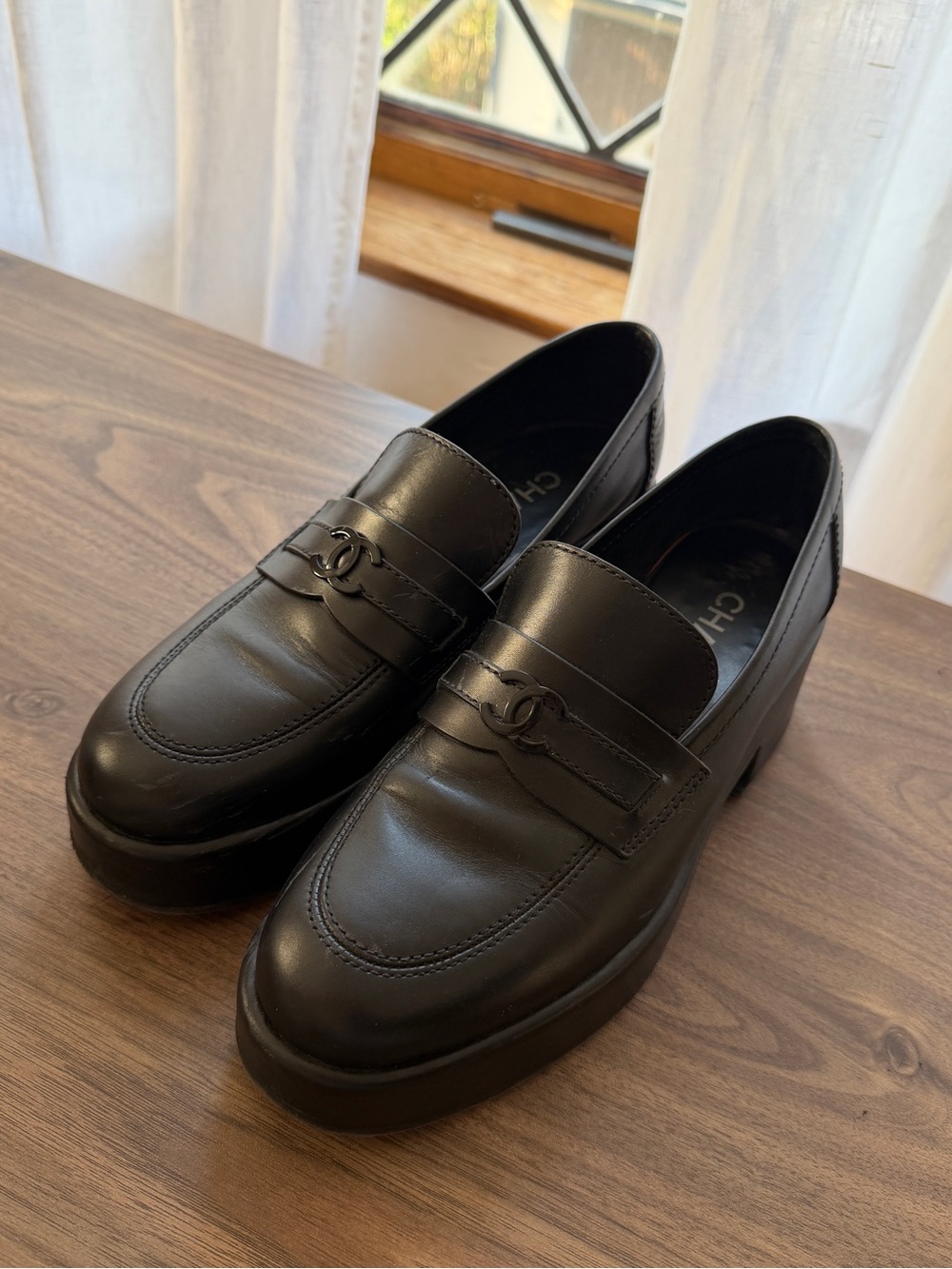 CHANEL Black Leather Platform Penny Loafers